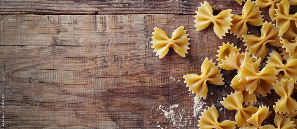 Poster Top-down view of bow tie pasta on a wooden surface, featuring a background with enough space for additional content or imagery.