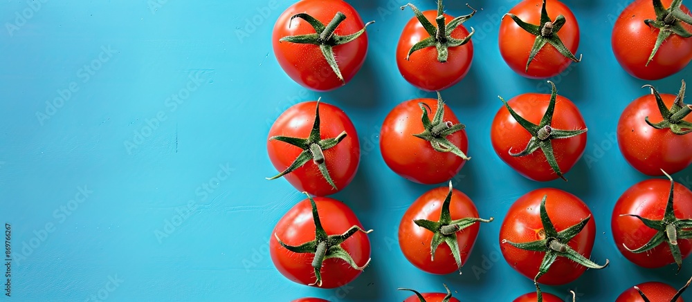 Poster Cherry tomatoes arranged with a background color of blue providing copy space image.