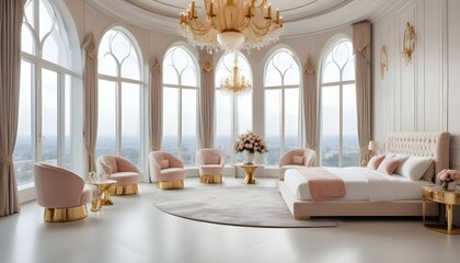 large upscale futuristic bedroom. bright monochrome furnishings large round windows. gold chandiler. flowers in vases.