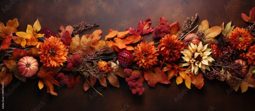 Poster a fall-themed arrangement featuring a border crafted from vibrant dried autumn leaves, embellished w