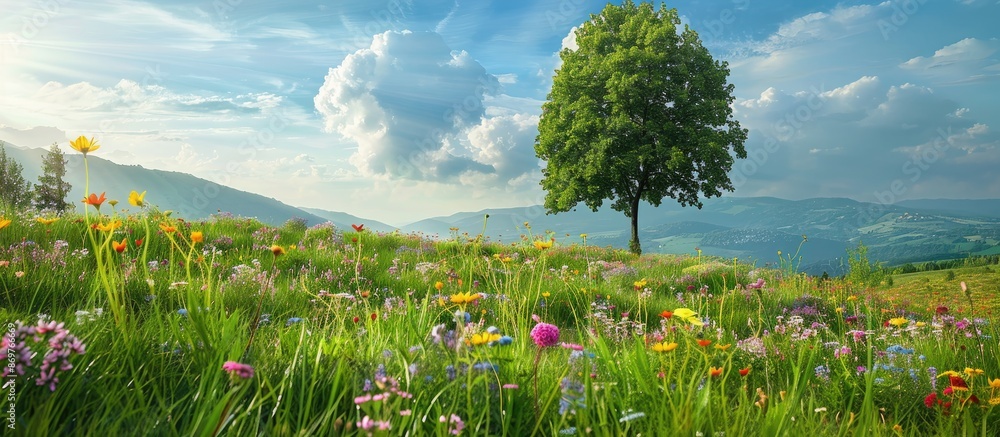 Poster a scenic green meadow with colorful flowers and a tree, perfect as a copy space image.