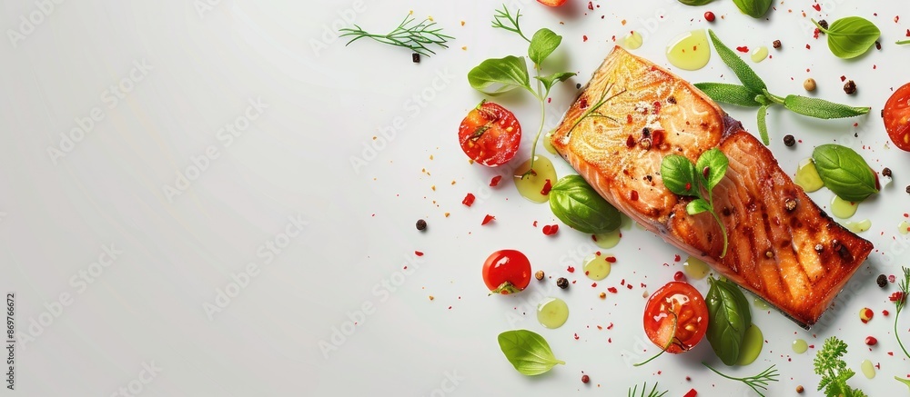 Poster An appetizing dish of salmon fillet with aromatic herbs and spicy seasonings, presented in a visually appealing manner with a blank space for adding text or graphics.