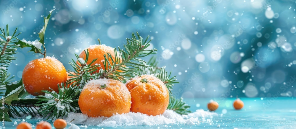 Poster A festive scene featuring tangerines, a fir branch, and falling snow on a retro-style blue backdrop, suitable for a copy space image.