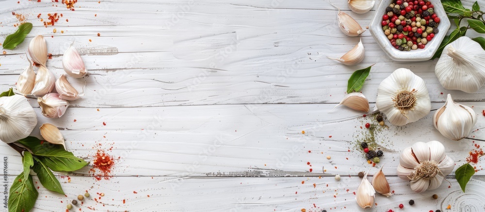 Poster white wooden table background with garlic and spices, ideal for showcasing with copy space image.