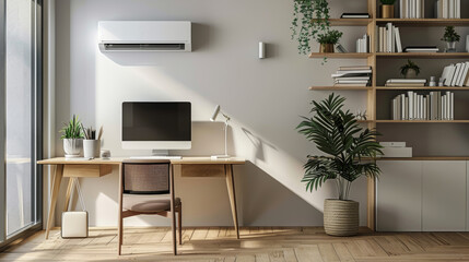 Stylish Home Office with Air Conditioning, Minimalist Decor, and Natural Light