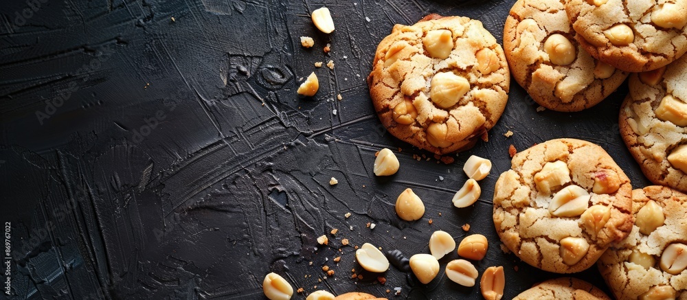 Poster an aerial shot of white chocolate macadamia nut cookies with a copy space image.