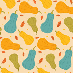 Seamless pattern pumpkin with leaves in flat style on white background. Seasonal autumn background, for textiles, cards, notepads. Vector illustration