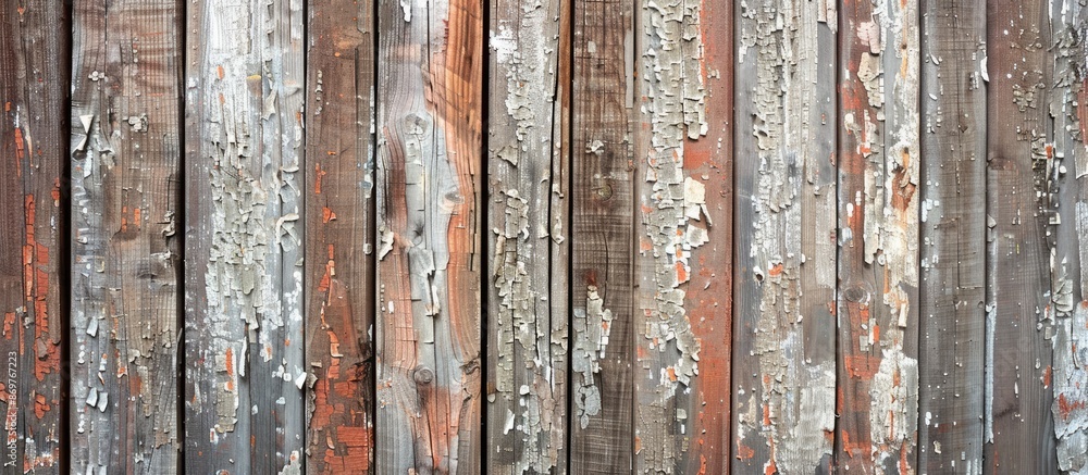 Poster rustic brown wooden boards outdoors provide a weathered background with peeling paint texture for a 