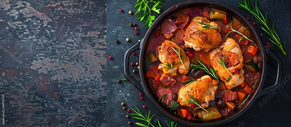 Poster Top view of chicken chilindron in a rich vegetable sauce with red wine and cured ham. Includes a copy space image.