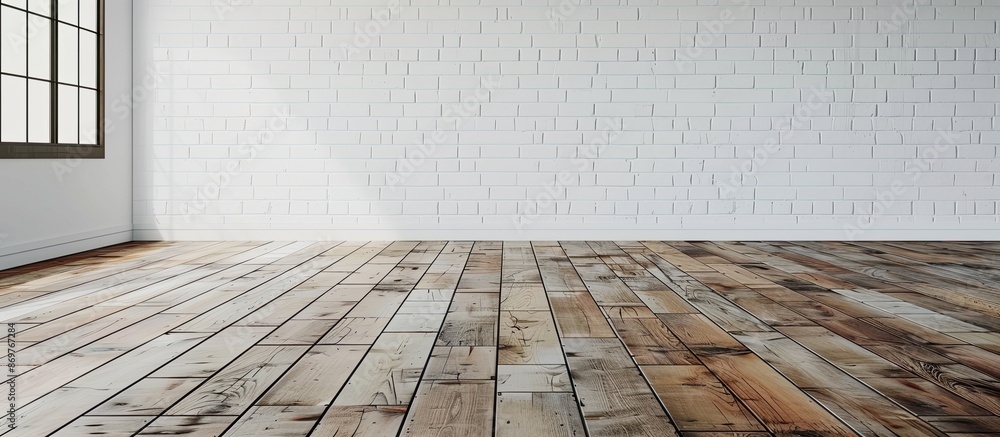 Wall mural residential space with a white mortar wall backdrop, wooden laminate flooring, and a vacant ambiance