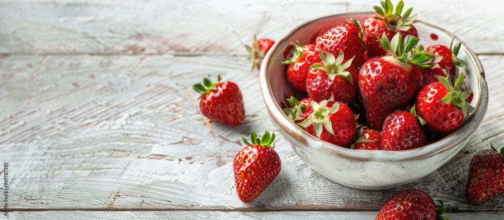 Aufkleber fresh strawberries in a ceramic bowl on a rustic white wooden surface with copy space image.