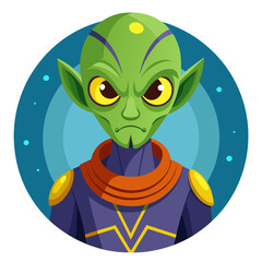 A cartoon image of a green alien in a circular shape