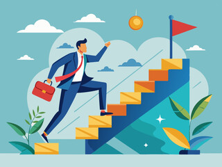 A businessman climbing a staircase labeled "Success"