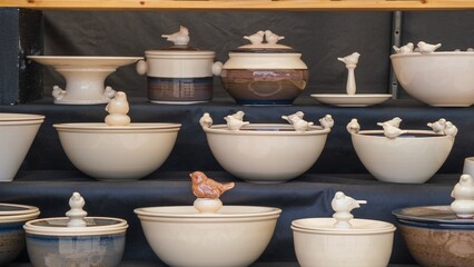 Ceramic Bowls and Pots with Bird Decorations
