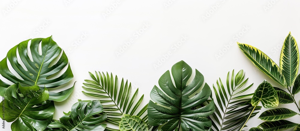 Poster tropical leaves of different species displayed on a white backdrop, showing the cutting path for eas