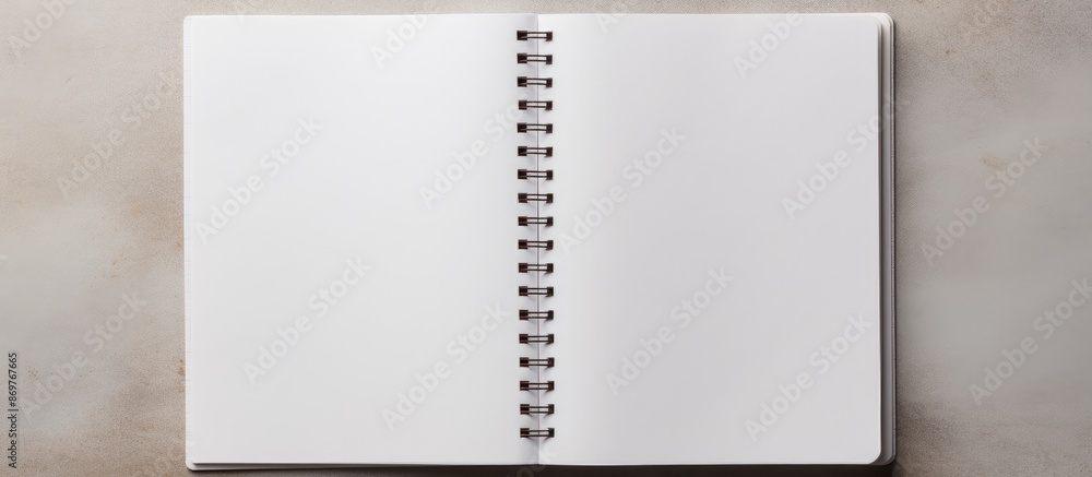 Leinwandbilder Top view of an open blank notebook on a grey background, ideal as a mockup for design with copy space image.