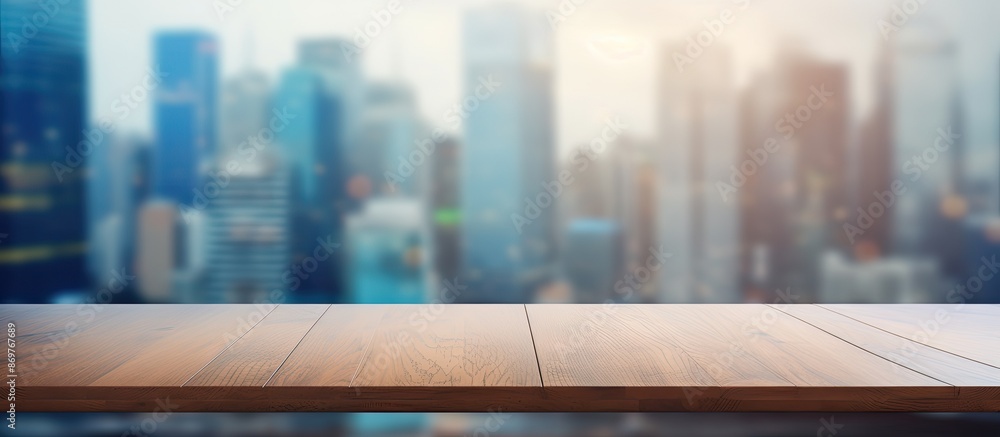 Poster blurry office background with a tabletop featuring a copy space image.