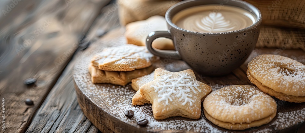 Aufkleber Italian Savoiardi cookies and coffee displayed in a rustic style setting with selective focus on a copy space image.