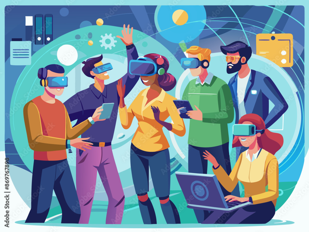 Poster a group of workers participating in a virtual reality team-building game
