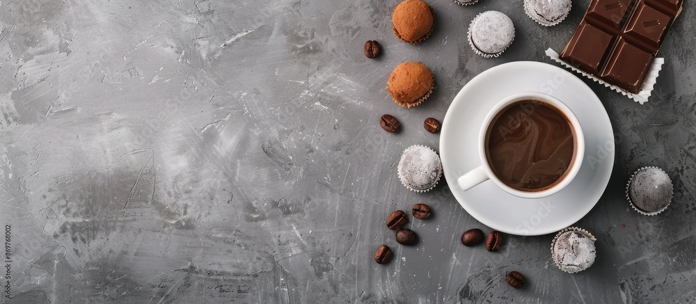 Poster coffee cup and chocolate candy on a concrete surface with empty space for writing or image.