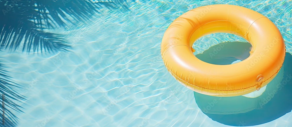 Poster Vacation-themed image with copy space featuring a floating yellow inflatable ring in a swimming pool.