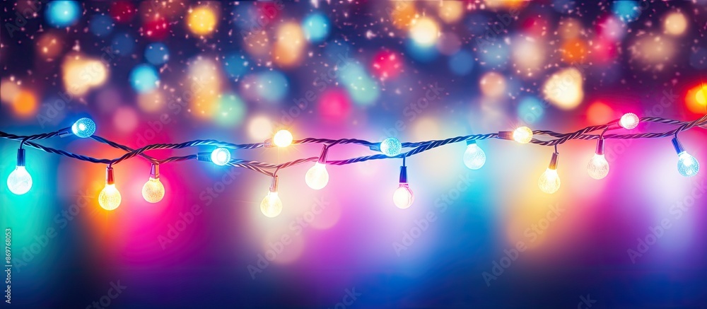 Aufkleber Top view of Christmas lights glowing against a colorful background with copy space image.