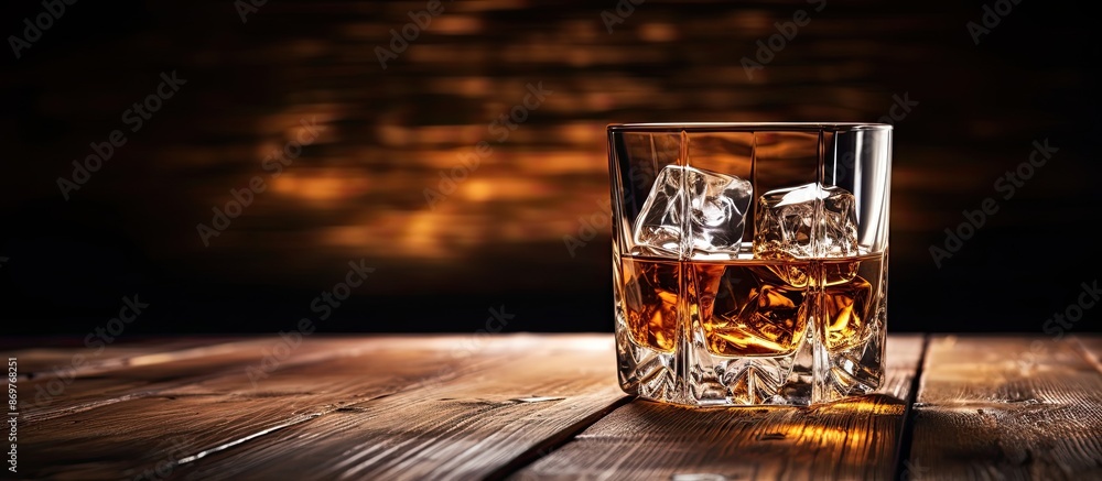 Poster A luxurious glass of whiskey with ice sits elegantly on a wooden table against a backdrop of empty space for text or other images.