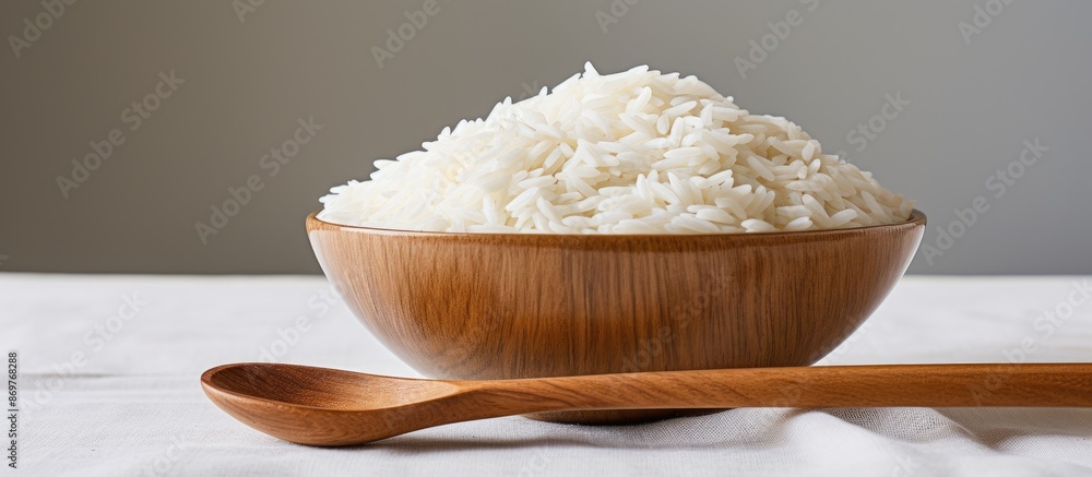 Poster a white bowl holds raw basmati rice with a wooden spoon on a light background, symbolizing water con
