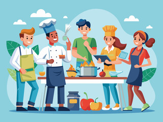 Employees engaged in a team-building cooking competition