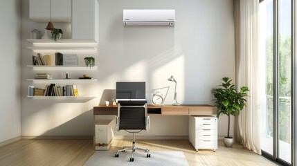 Modern Air Conditioner in a Stylish Home Office with Computer, Desk, and Elegant Decor
