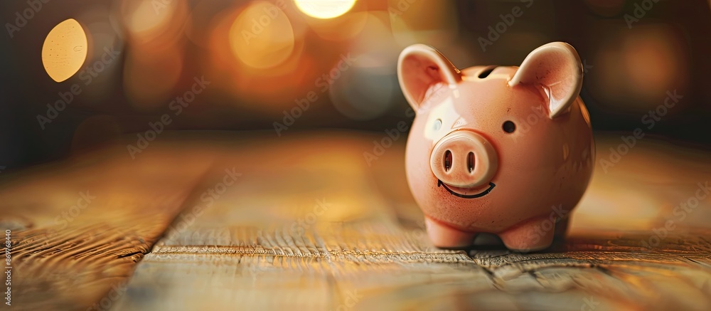Poster a piggy bank sits on a wooden table with copy space image.