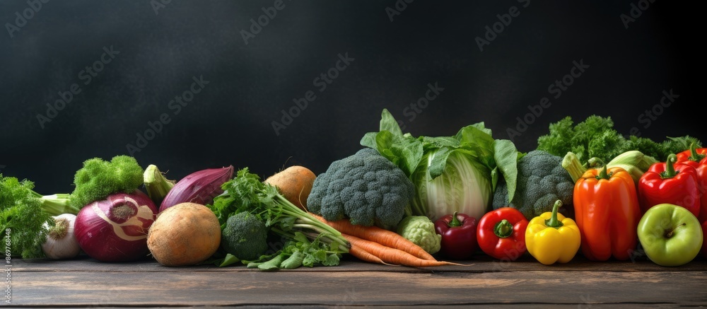 Poster Fresh farmer vegetables displayed on a dark concrete table with copy space image available for text.