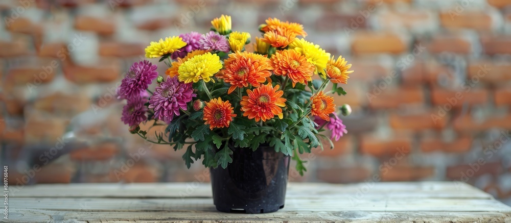 Poster pot with vibrant chrysanthemums positioned on a table against a rustic brick backdrop, creating an a