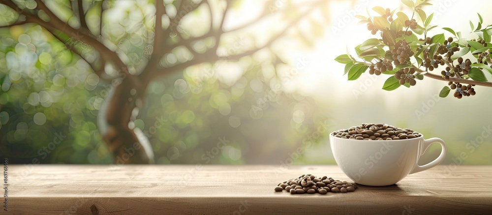 Aufkleber coffee cup filled with beans, milk, and tree on the table with a background featuring copy space ima