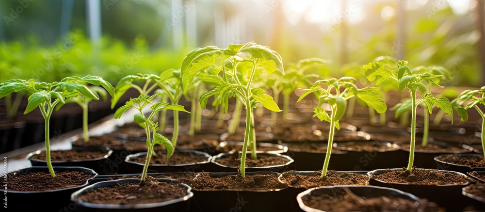Poster nature-themed image of tomato seedlings in a greenhouse with selective focus showcasing copy space i