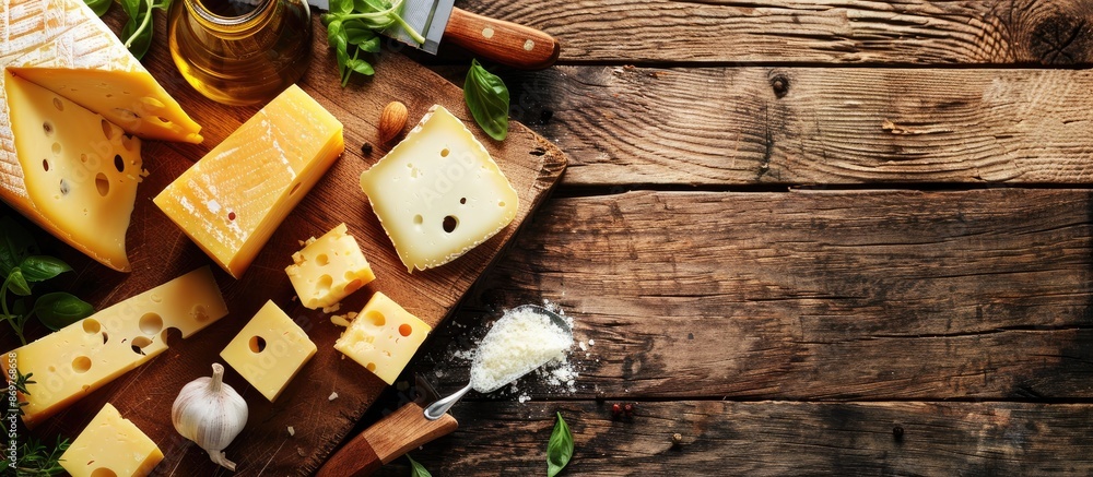 Poster Top-down view of cheese on a cutting board with ample space for additional images.