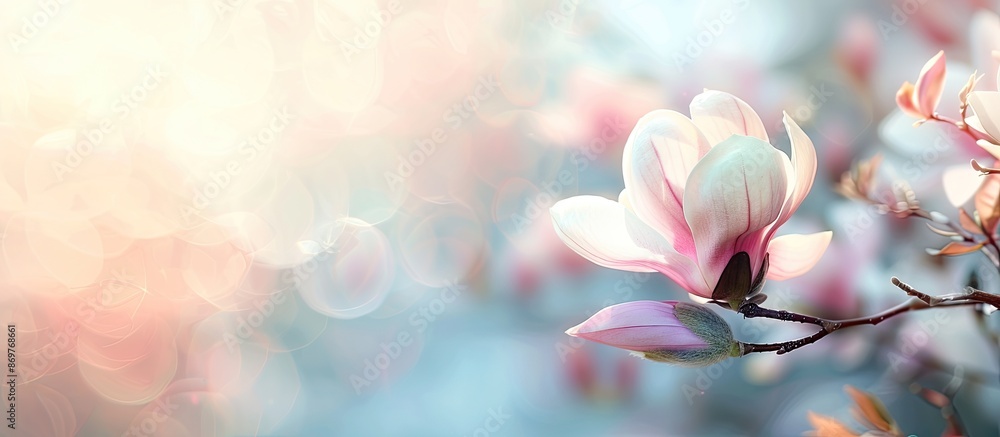 Poster Blurred background creating a soft focus around a magnolia with copy space image.