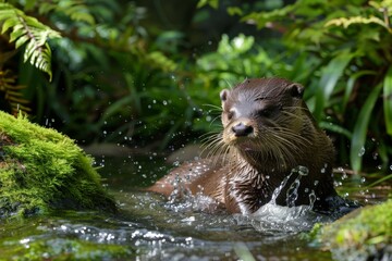 Otter Splashing in a Lush Forest