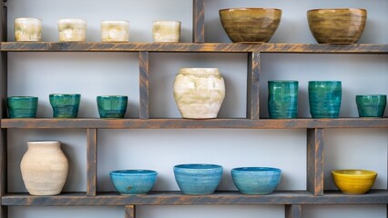 Colorful Ceramic Pots and Bowls on Wooden Shelves
