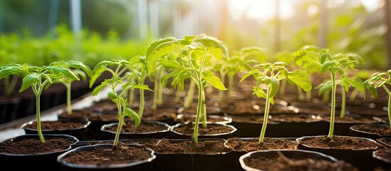 Nature-themed image of tomato seedlings in a greenhouse with selective focus showcasing copy space image.
