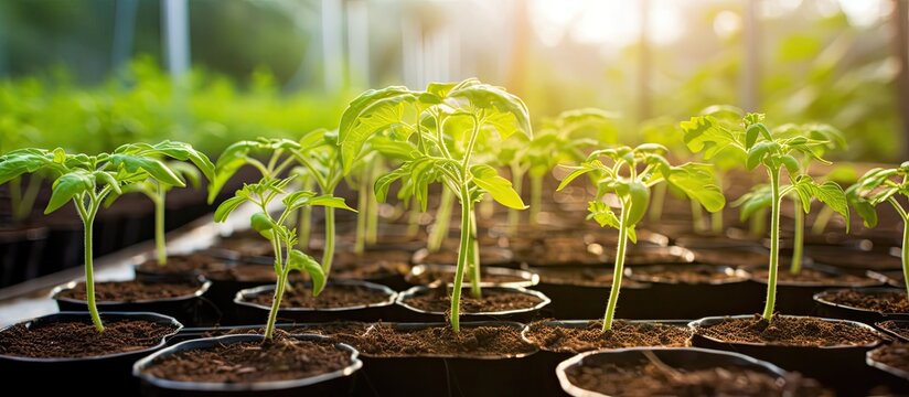 Nature-themed image of tomato seedlings in a greenhouse with selective focus showcasing copy space image.