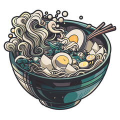 Detailed illustration of a classic asian ramen bowl, filled with noodles, sliced egg, greens, and broth, capturing the essence of this beloved, flavorful soup with artistic flair