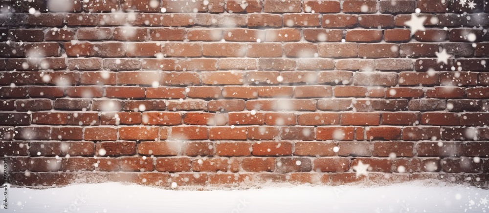 Aufkleber blurred brick wall texture background with white snowflakes on blank area for text or image inclusio