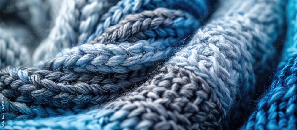 Poster close-up of soft, knitted wool textures in blue and gray, ideal for men's winter fashion. textile ba