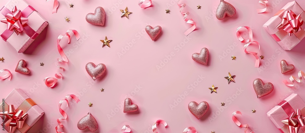Poster pink background adorned with heart symbols, bows, and copy space image, creating a festive vibe.