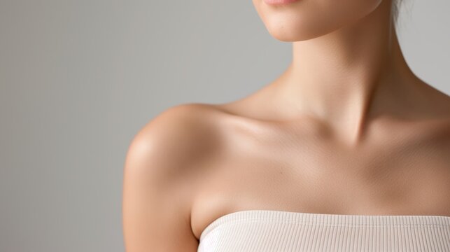 Close-up of a woman's shoulder and collarbone area, highlighting smooth, radiant skin in a soft, neutral background.