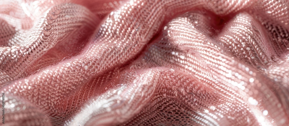 Poster Close-up image of a soft sleeve top knitted with metallic yarn in rose silver, creating a textured banner with copy space image.