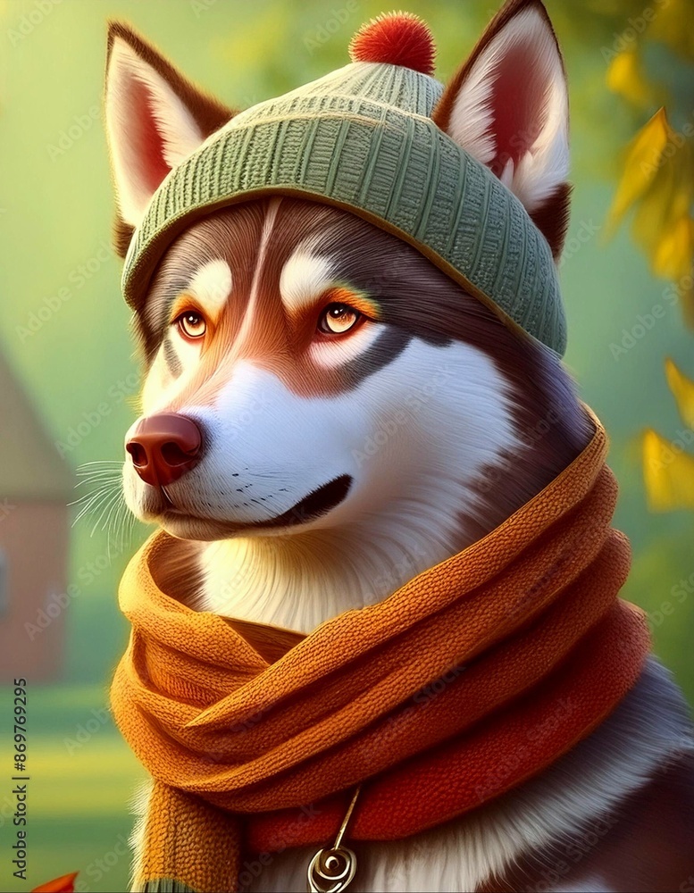 Poster Husky in the winter with a hat on 3d 