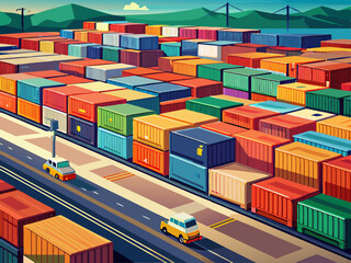 Fototapeta premium A cargo container yard with rows of stacked containers