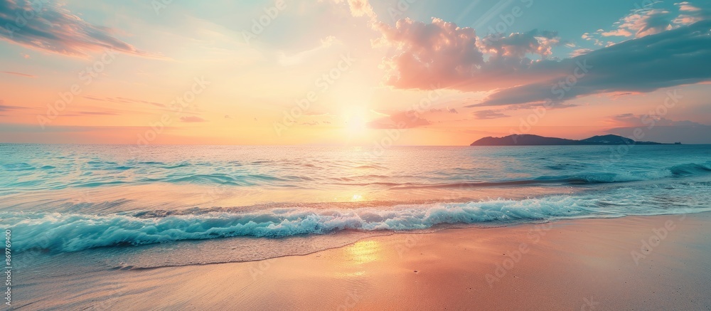 Poster Serene sunset beach view with open space for text placement, showcasing tranquil nature scenery for relaxation.